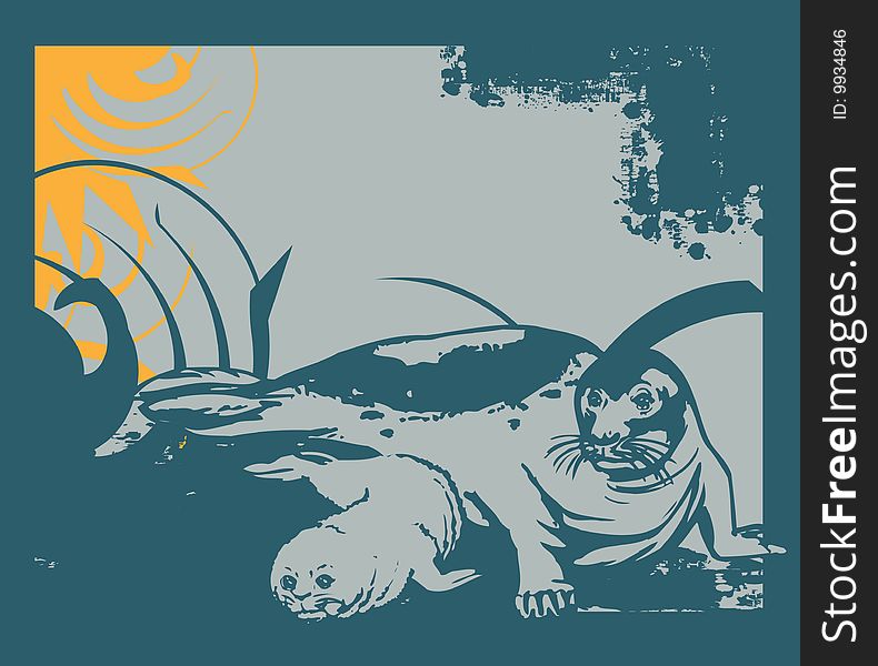 Simple illustration for sealion with swirl background . Simple illustration for sealion with swirl background .
