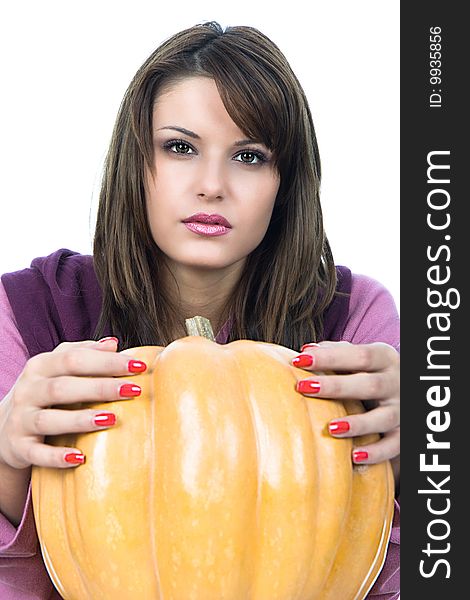 Woman hold a big Pumpkin, studio shot. Woman hold a big Pumpkin, studio shot