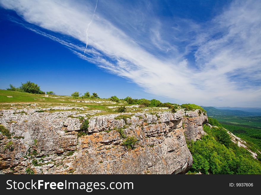 Mountain cliff with green plants