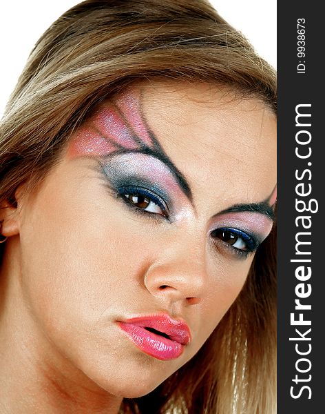 Young attractive female beauty, makeup concept, studio shot gainst white