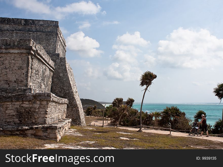 Tulum ruins and white beach in mexico