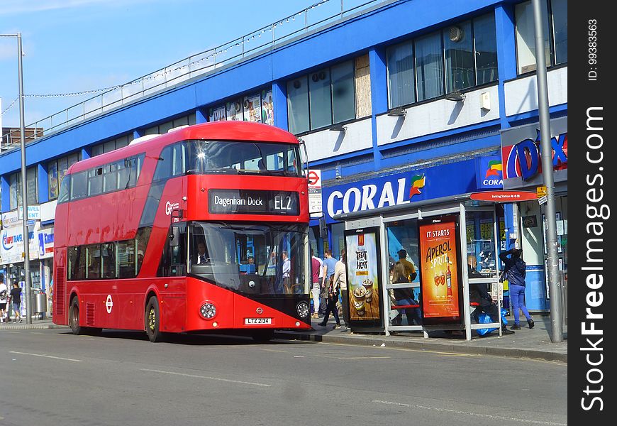 New Routemaster bus on the East London Transit bus route No.EL2 in Barking town centre. New Routemaster bus on the East London Transit bus route No.EL2 in Barking town centre.