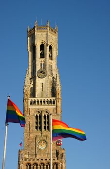 Belfry Bruges With LGBT Flags Stock Photos Belfry Bruges With LGBT Flags Stock Photos