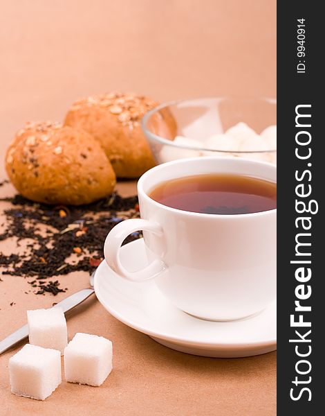 Cup of tea, mozzarella and bread closeup