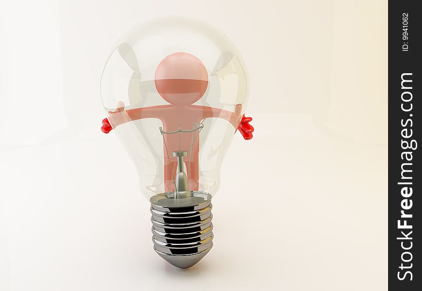 3d render of person and lightbulb. Three-dimensional Shape.