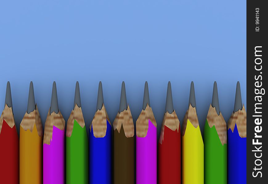 3d render of colored pencils on blue background.