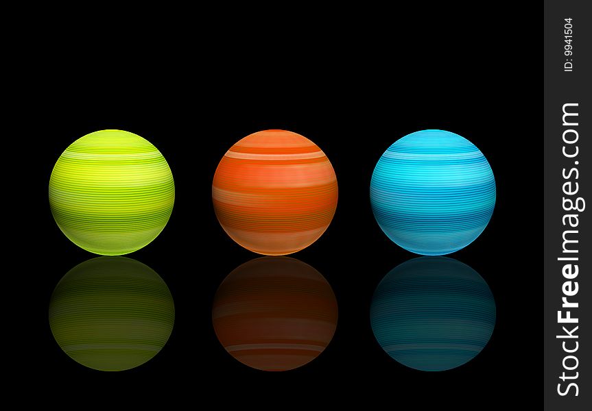 Green, orange and blue spheres with reflection over black background. Green, orange and blue spheres with reflection over black background