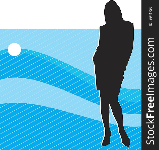 Silhouette of the girl on turn blue striped background