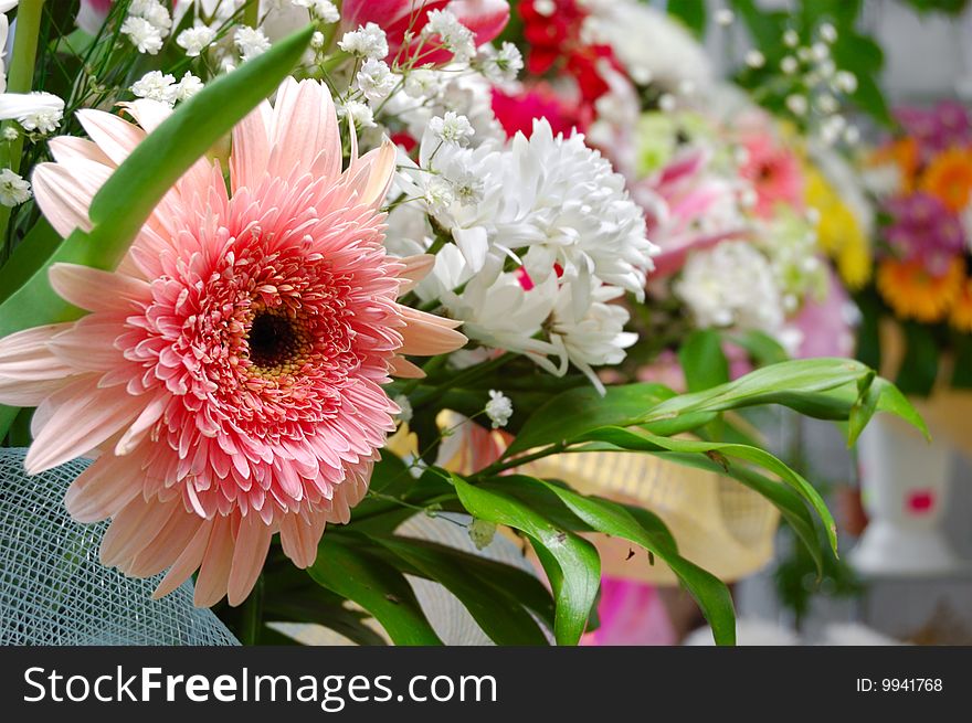 Bouquet of different flowers with gerbera at first plane