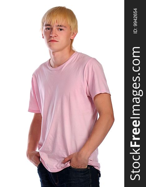 Young man in pink shirt. Isolated
