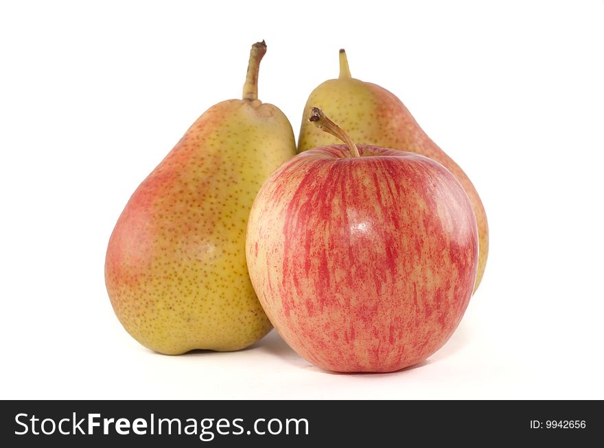 A small group of pears and one apple isolated on a white background. A small group of pears and one apple isolated on a white background