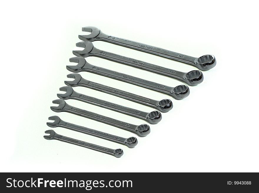 Set of steel wrenches, aligned. Set of steel wrenches, aligned