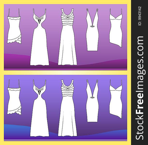 Evening dresses isolated on different backgrounds.