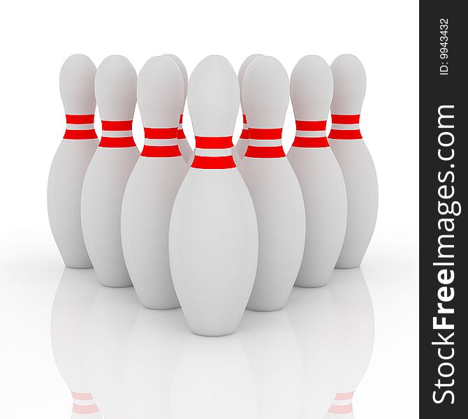 A set of bowling skittles on reflecting white background. A set of bowling skittles on reflecting white background