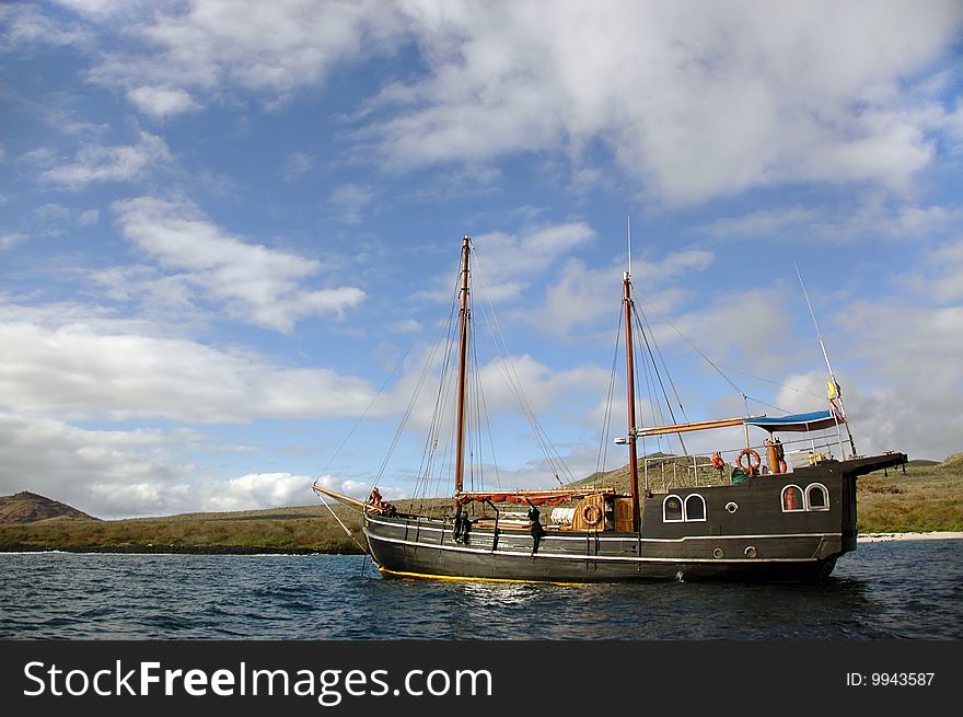 A pirate-like tour boat taken in the Galapagos Islands, Ecuador. A pirate-like tour boat taken in the Galapagos Islands, Ecuador