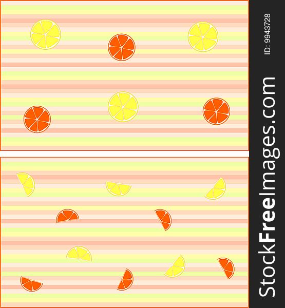 Lemons and oranges on stripy background. there are two variants of the picture. vector illustration