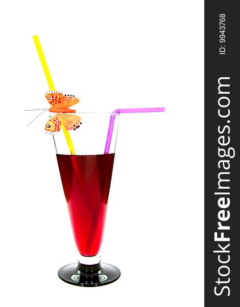 Red cocktail in glass with two straws and butterfy over white