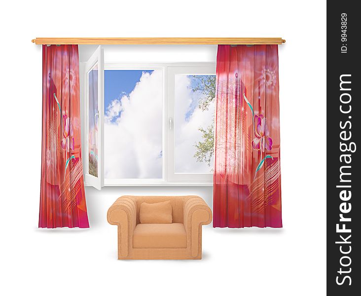 Open window; armchair and curtains on white background