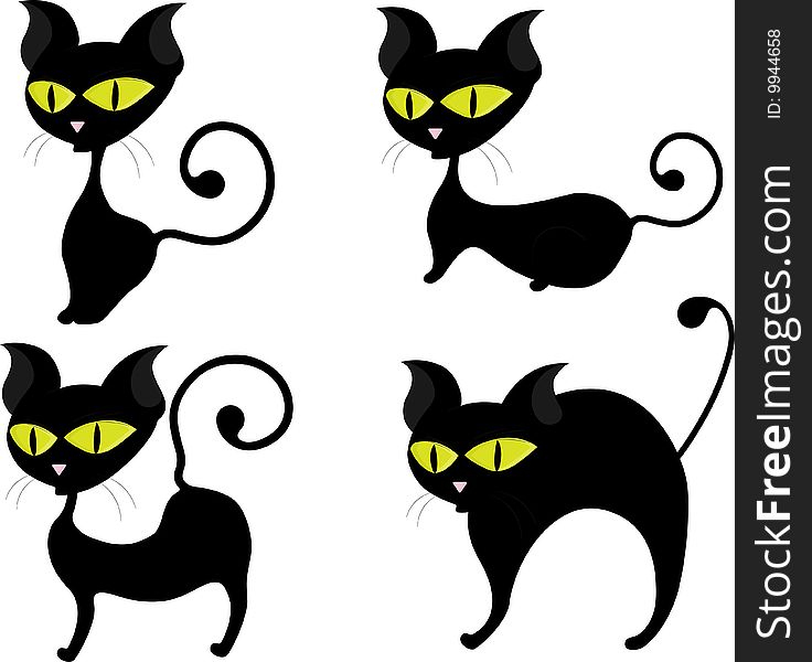 A cute black cat in four different positions