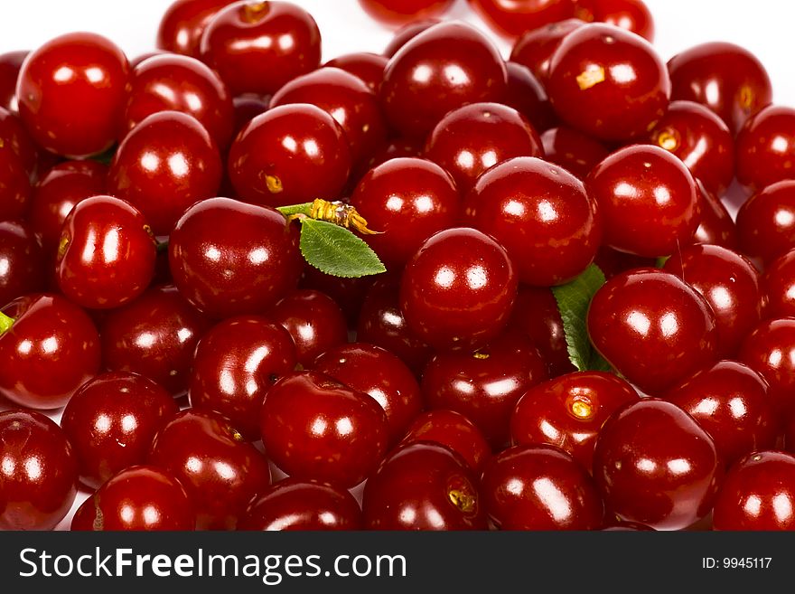 Red fresh sour cherries on white background