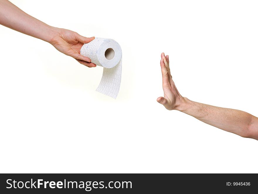 Hand rejecting toilet paper isolated on white background