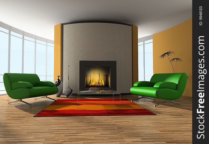 Interior of the room with easy chair and fireplace. Interior of the room with easy chair and fireplace