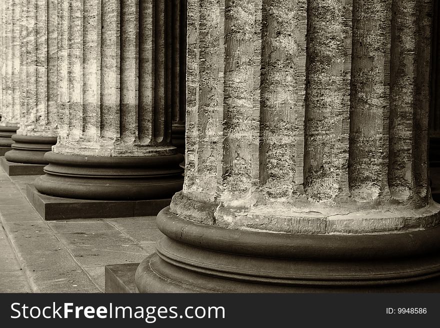 Classical marble column bases row photo in sepia old style. Classical marble column bases row photo in sepia old style