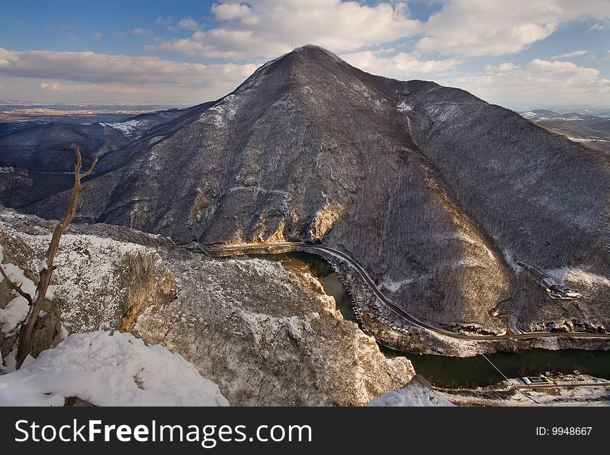 The Ovcar Mountain and West Morava River in Serbia. Winter season. View from The Kablar Mountain on about 900 meters above the see level. Central Serbia.