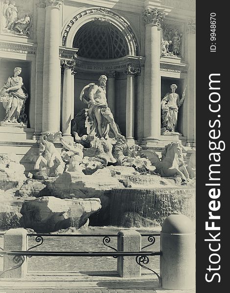 Architectural details of Trevi fountain in Rome,Italy-photo in sepia retro style
