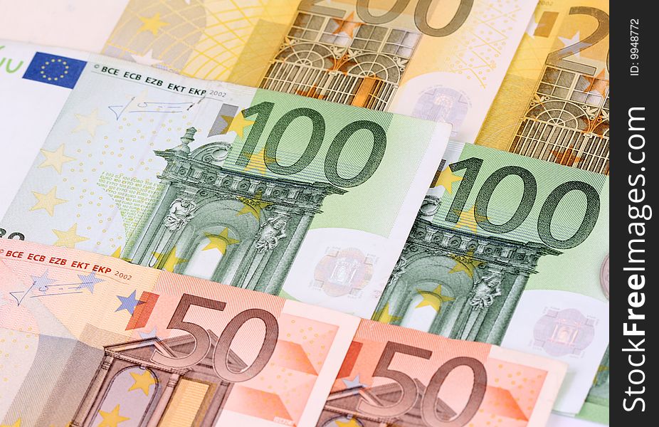 Euro bills sort up side by side. Euro bills sort up side by side