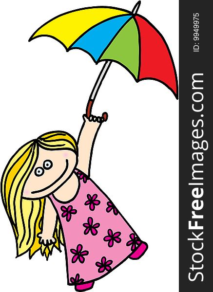 Happy little girl with umbrella. vector image