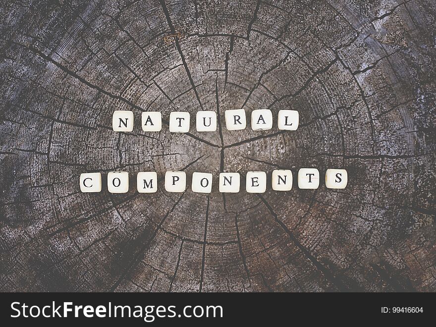 Words natural components of wooden alphabet beads on a tree stump surface in the forest.