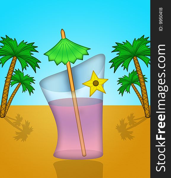 Tropical summer cocktail against the beach background
