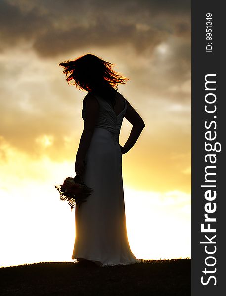 Fire-y hair bride silhouette during sunset. Fire-y hair bride silhouette during sunset