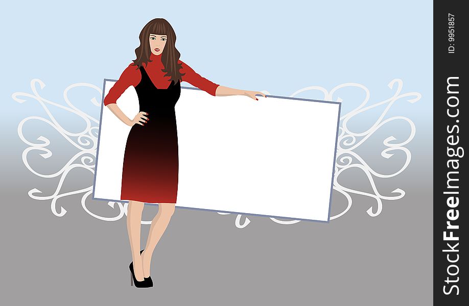 Illustration of a beautiful young woman posing with poster. Illustration of a beautiful young woman posing with poster