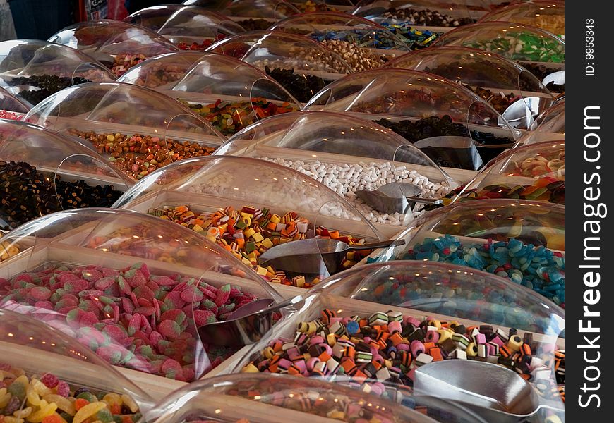 Loose candy displayed at market place. Loose candy displayed at market place.