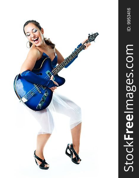 Portrait of a happy excited brunette girl with a guitar. Portrait of a happy excited brunette girl with a guitar