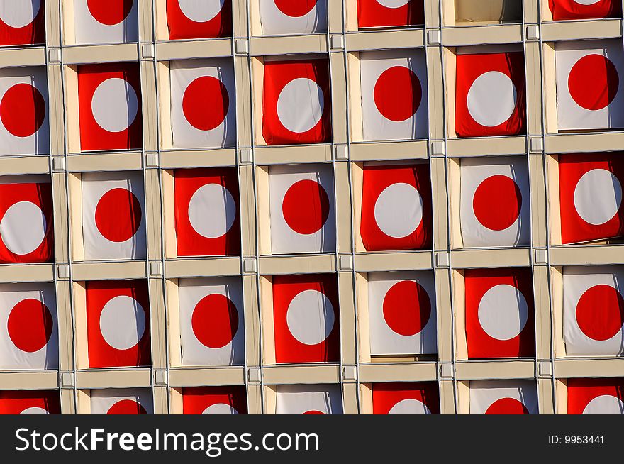 Wall with red and white dots design. Wall with red and white dots design