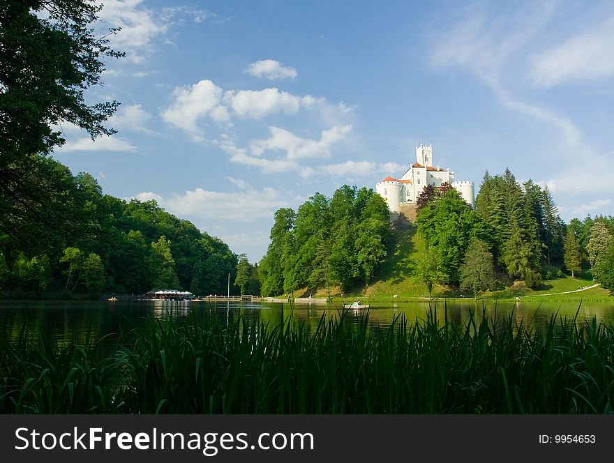 Medieval castle over lake scene, Croatia