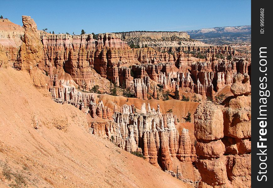 Hoodoos at Bryce Canyon, featuring different coloured layers and shapes. Hoodoos at Bryce Canyon, featuring different coloured layers and shapes
