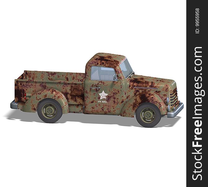 A four wheel open pickup. 3D rendering with clipping path and shadow over white. A four wheel open pickup. 3D rendering with clipping path and shadow over white