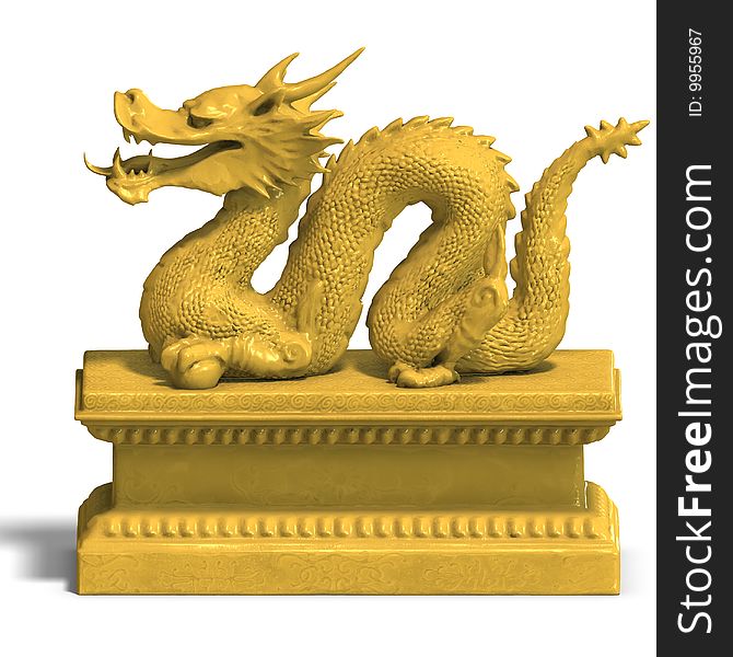 A golden dragon with a ball. 3D Render with clipping path and shadow over white. A golden dragon with a ball. 3D Render with clipping path and shadow over white