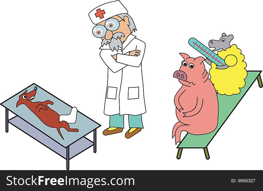Veterinary cures dog. Pig and sheep sit on bench.