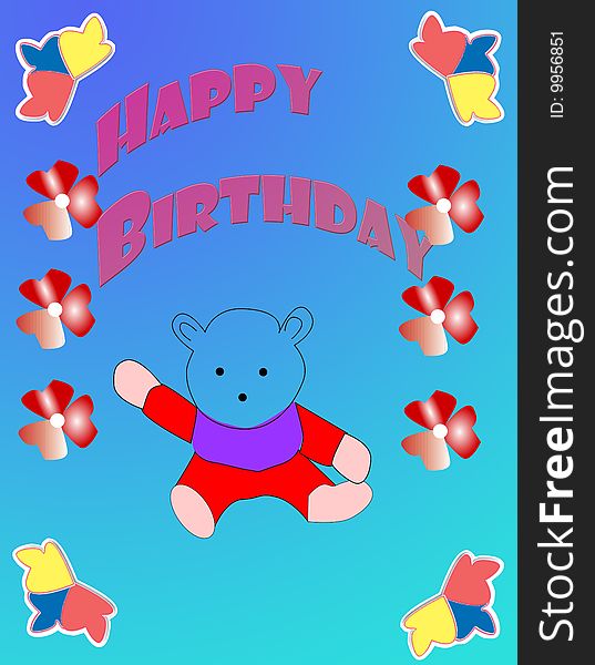 Birthday card with teddy Bear and flowers