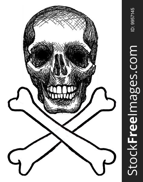 Black and white illustration of a skull with crossbones. Black and white illustration of a skull with crossbones