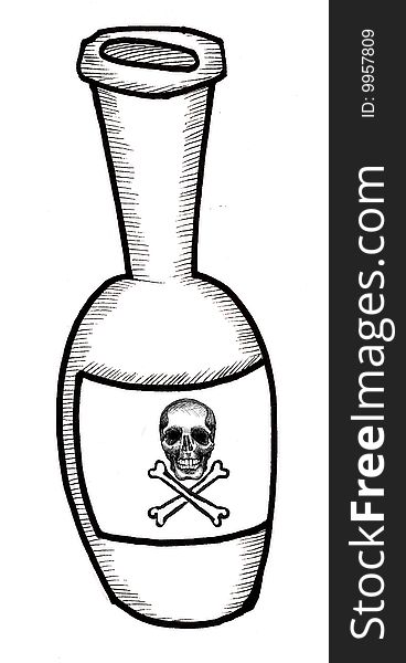 Hand drawn illustration of a bottle of poison with skull and crossbones. Hand drawn illustration of a bottle of poison with skull and crossbones