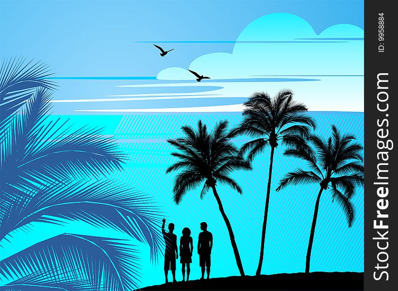 Landscape with silhouettes of people, birds, palm trees. Landscape with silhouettes of people, birds, palm trees