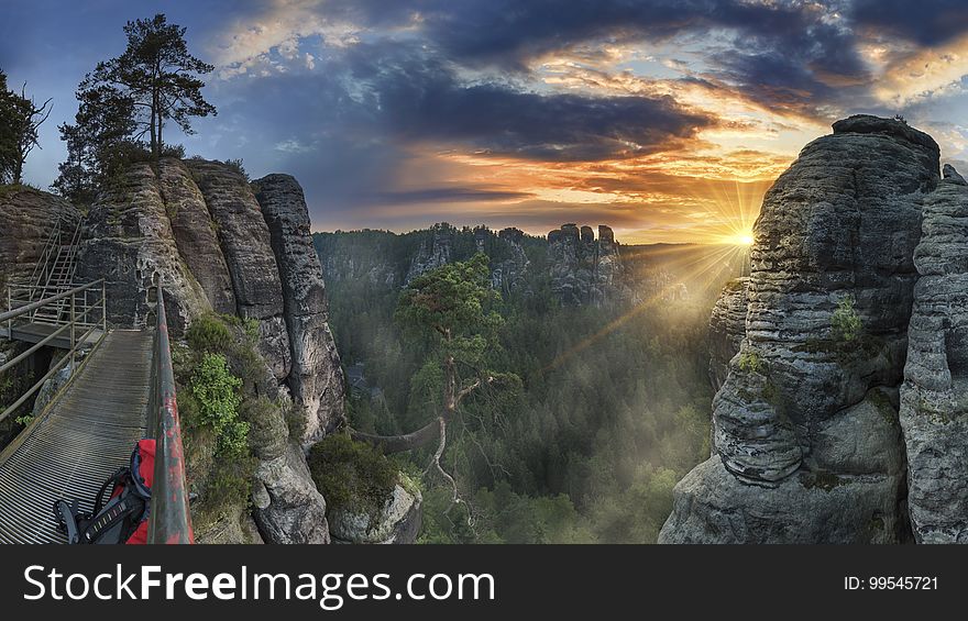 Hiking In Morning Hours In Elbe Sandstone Mountains