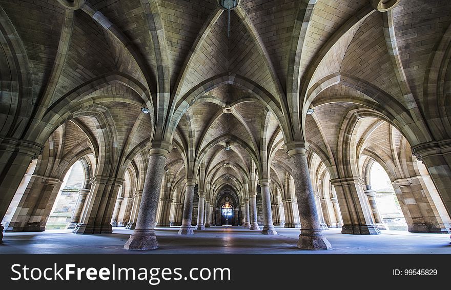 Vaults and pylons at the University of Glasgow cloisters.