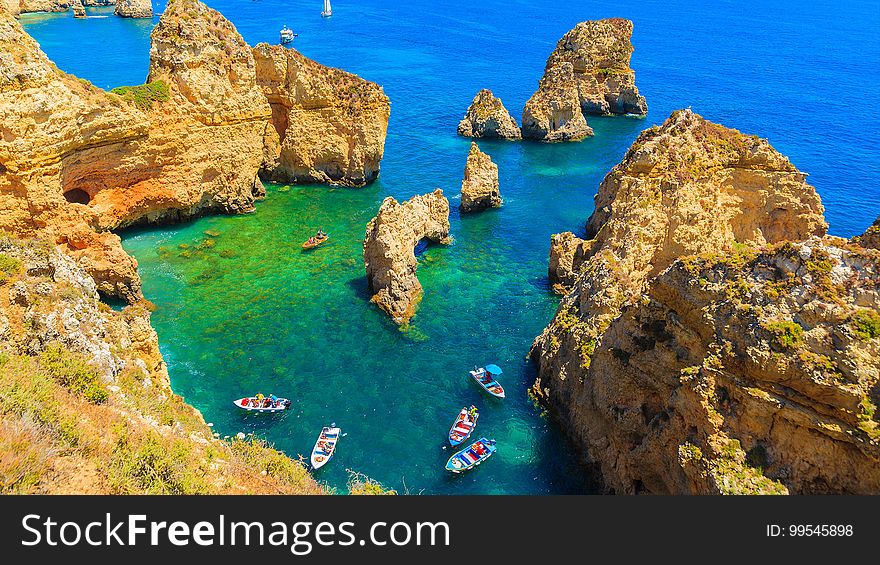 Boats among the cliffs at Ponta da Piedade in the Portuguese region of the Algarve.